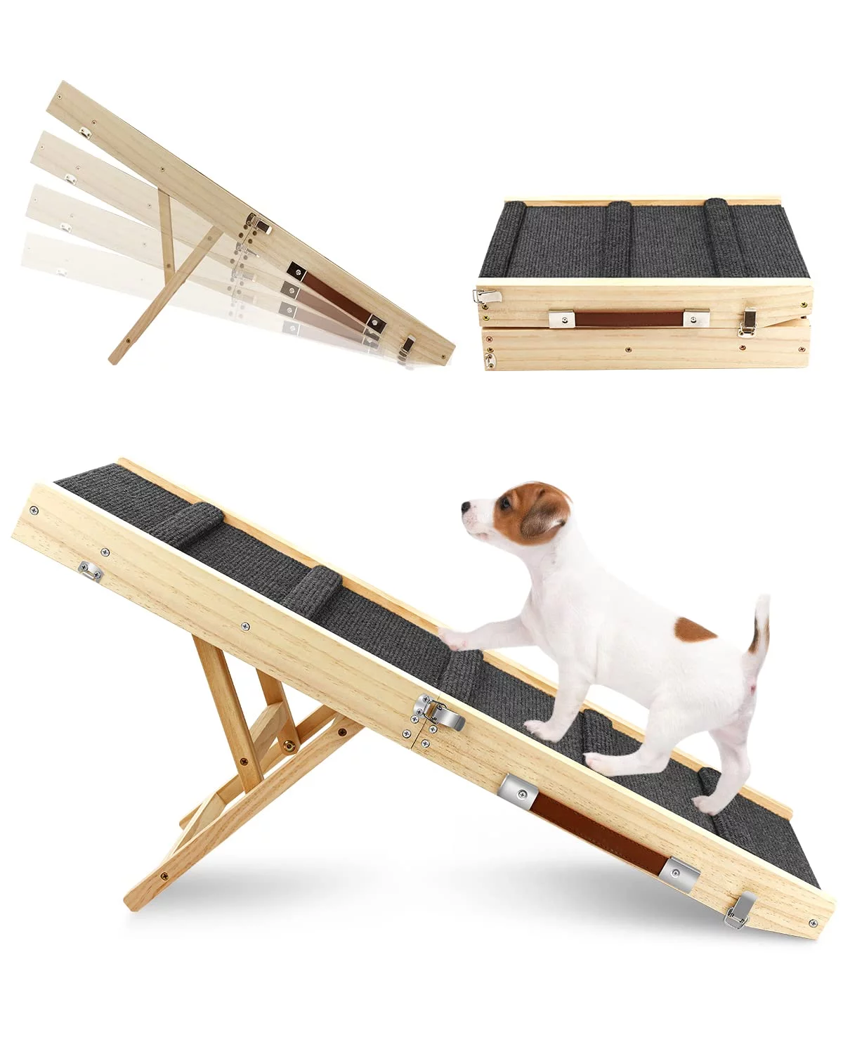 TNELTUEB Adjustable Dog Ramp, Wooden Folding Portable Pet Ramp,Rated for 30 LBS, 32.6" Long and Adjustable from 10" to 19" with Non-Slip Traction Mat, Cat Ramps for Car, Bed, Couch (Grey) - Curated Treasures Market
