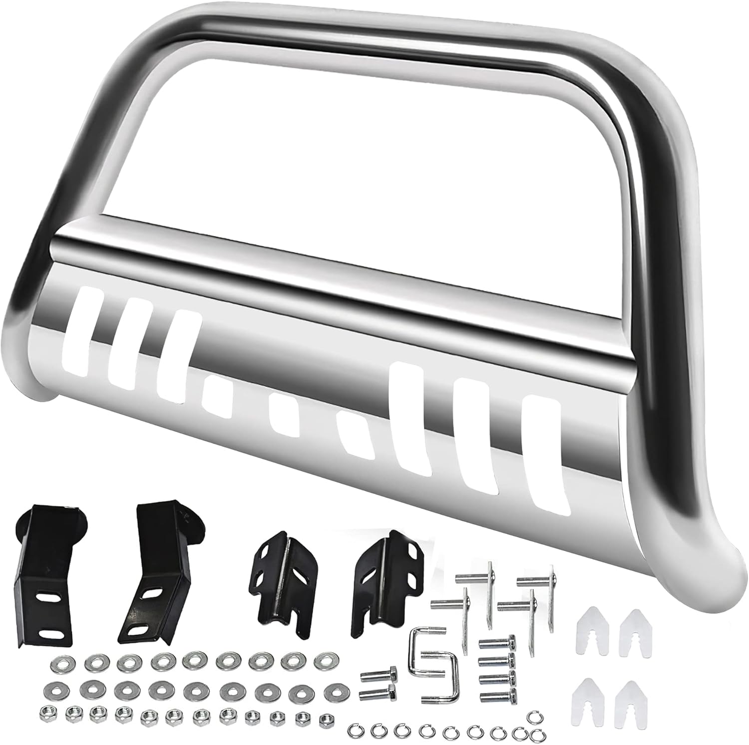 AUTOSAVER88 Bull Bar Compatible for 2004-2022 Ford F150/2003-2014 Navigator Stainless Chrome Bull Bar 3" Push Front Bumper Grill Grille Guard with Skid Plate
