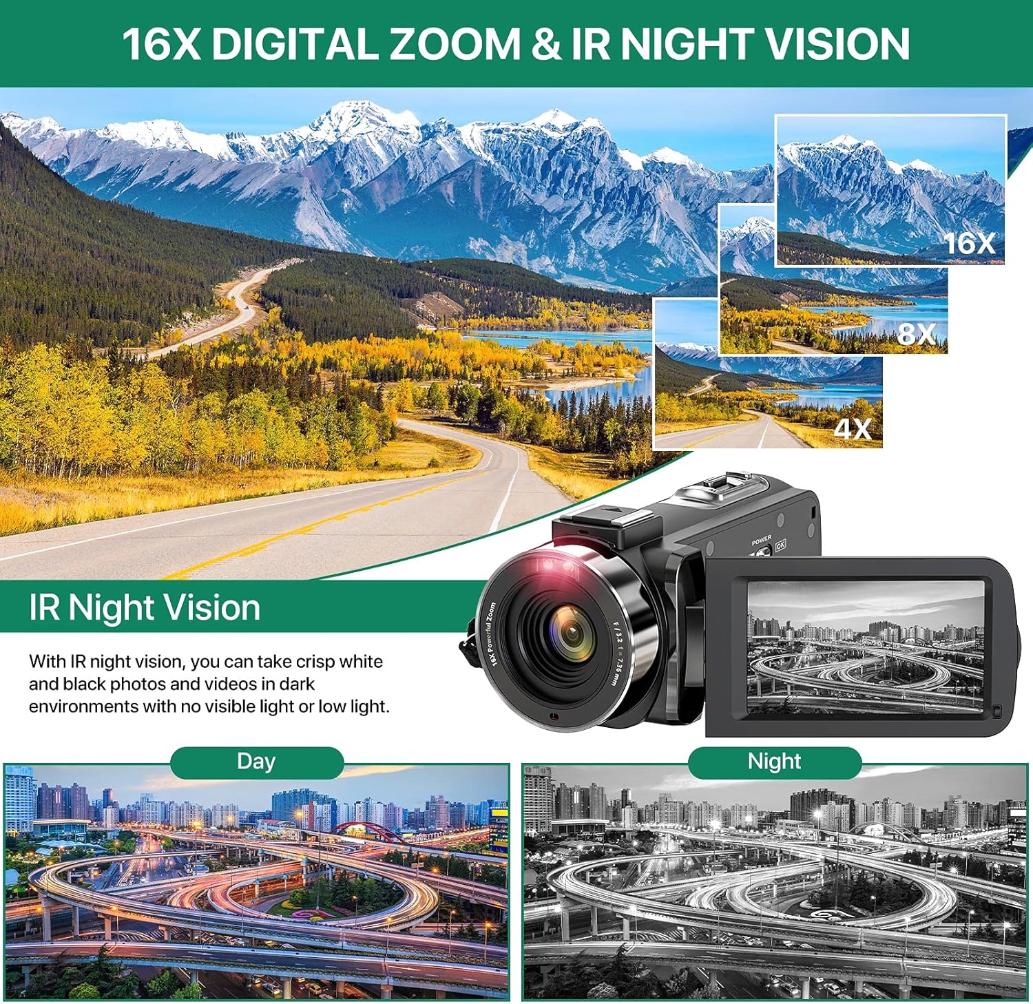 Video Camera Camcorder 2.7K Ultra HD 36MP YouTube Vlogging Camera IR Night Vision 3.0 Inch IPS Touch Screen 16X Digital Zoom Video Recorder with Remote Control