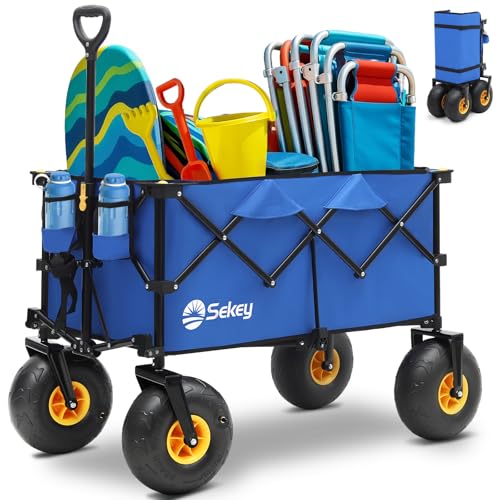 Heavy Duty Beach Wagon with 9" Big Sand-Proof Wheels – 440lb Capacity, Sekey 200L Oversized Foldable Cart | Adjustable Handle & All-Terrain Tires for Sand, Camping, Groceries. Blue&White