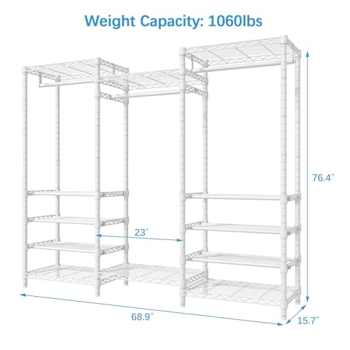 VIPEK S3i Heavy Duty Garment Rack with Adjustable Shoe Rack Wire Shelf, Large Wardrobe Closet Organizer Storage, Freestanding Clothes Rack with Hanging Rod, Custom Closet Rack, White