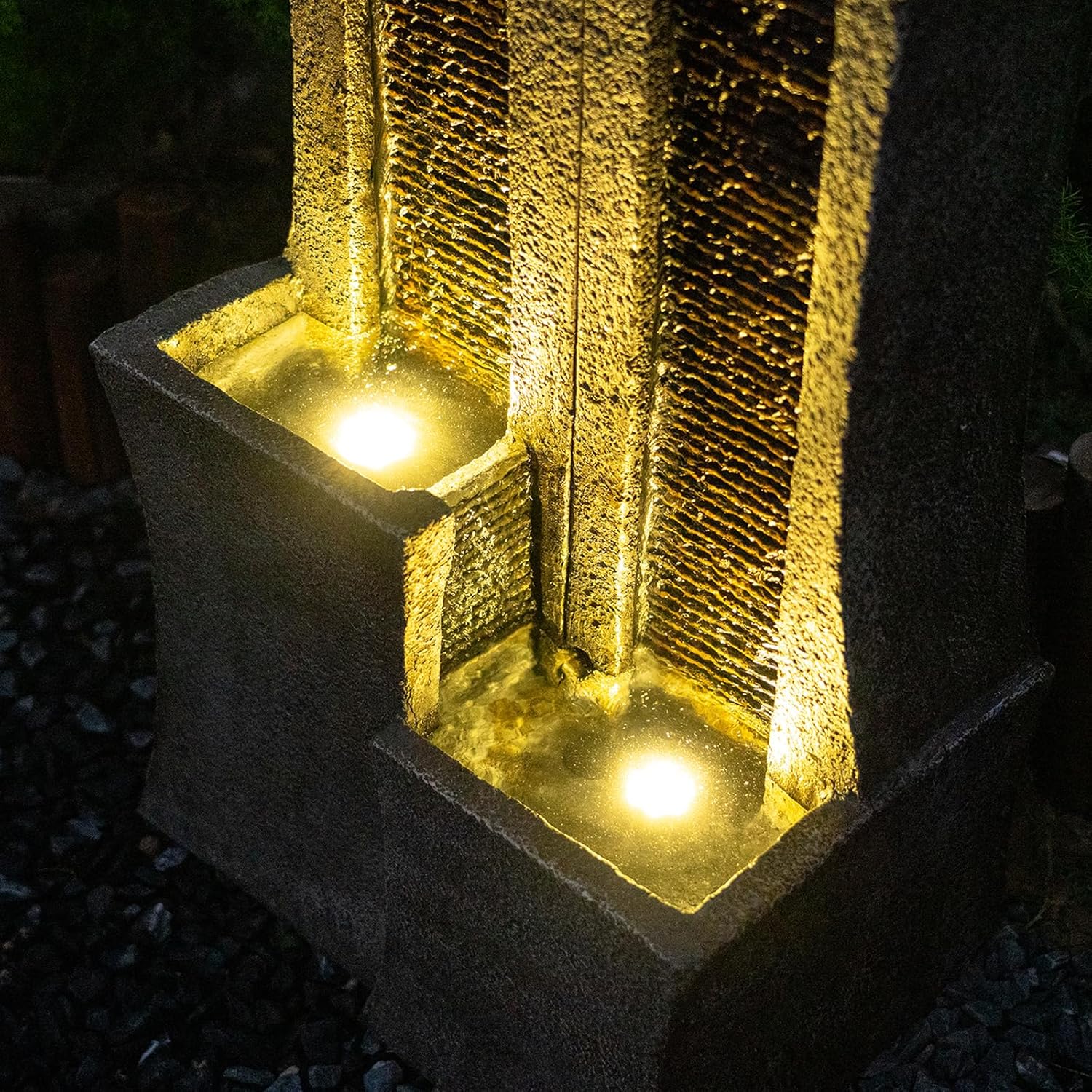 Modern Outdoor Water Fountain Indoor Cascading Floor-Standing Fountains with Led Lights 2-Curved Column Garden Waterfall for Backyard Patio Porch Deck Home 39.76” H