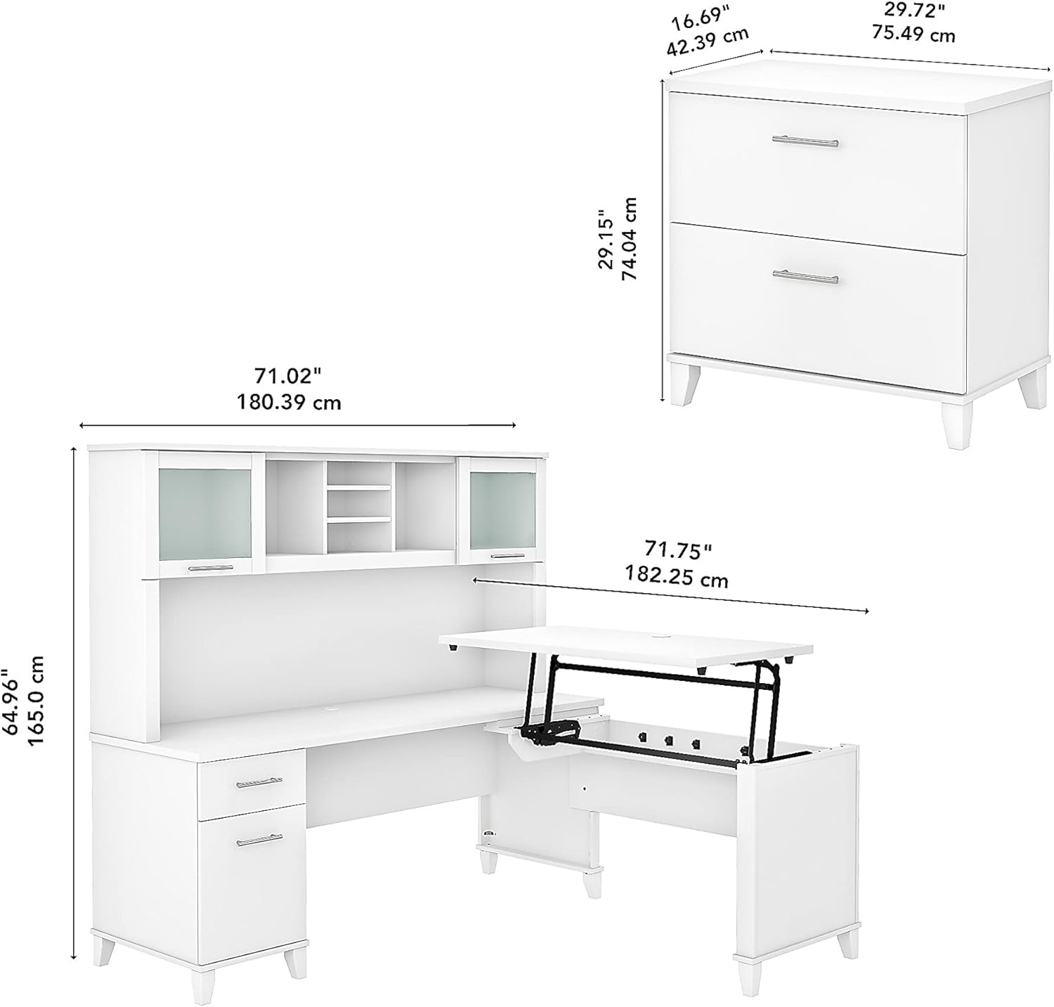 Bush Furniture Somerset 72W 3 Position Sit to Stand L Shaped Desk with Hutch and File Cabinet in White