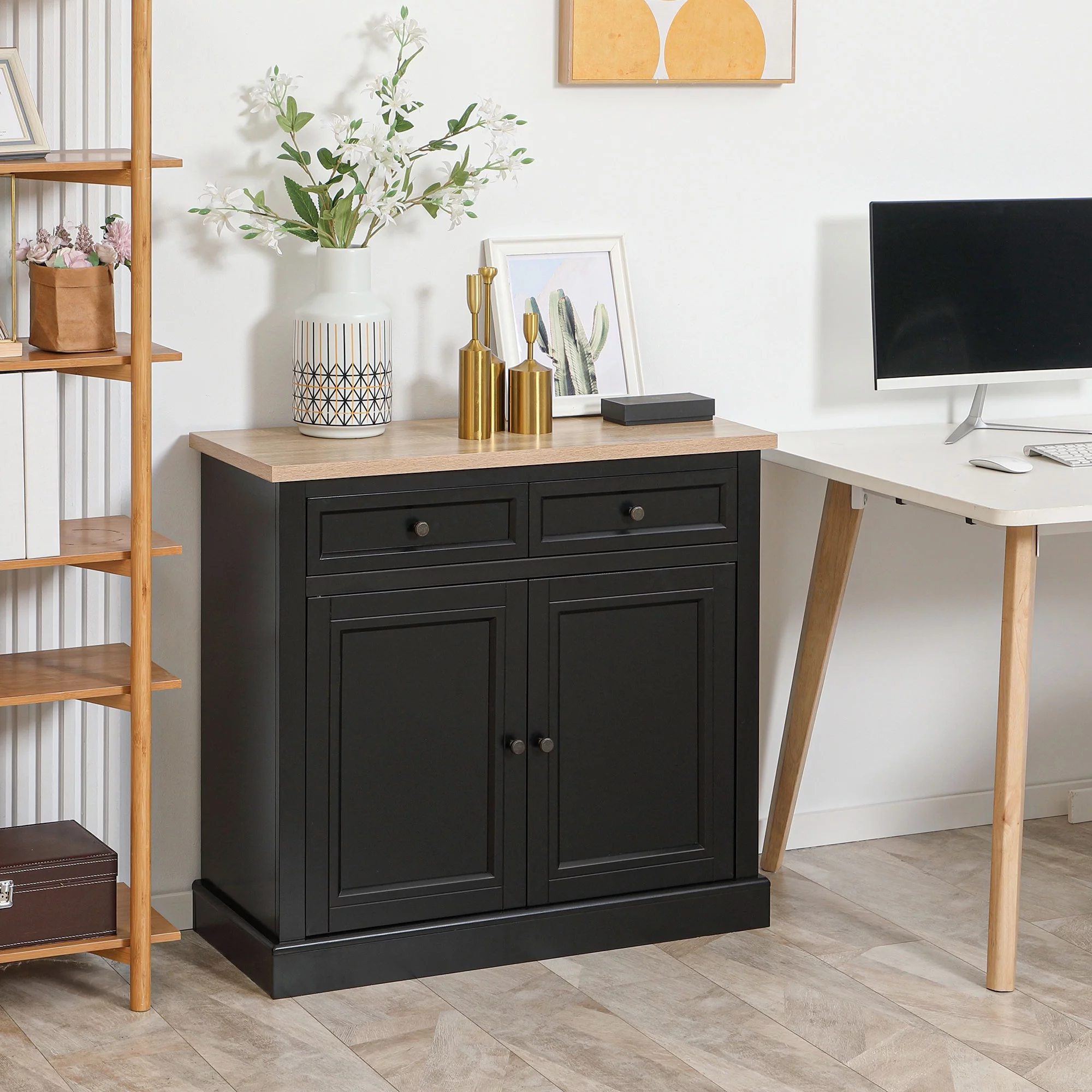 HOMCOM Sideboard Buffet Cabinet, Kitchen Cabinet, Coffee Bar Cabinet with 2 Drawers and Double Door Cupboard for Living Room, Entryway, Black
