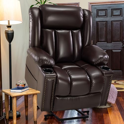 Large Power Lift Chairs Recliners for Elderly with Heated and Massage, Overstuffed Adjustable Lift Chairs, 3 Positions, Breathable Leather, USB-A and USB-C, Cup Holder, Side Pocket Dark Brown