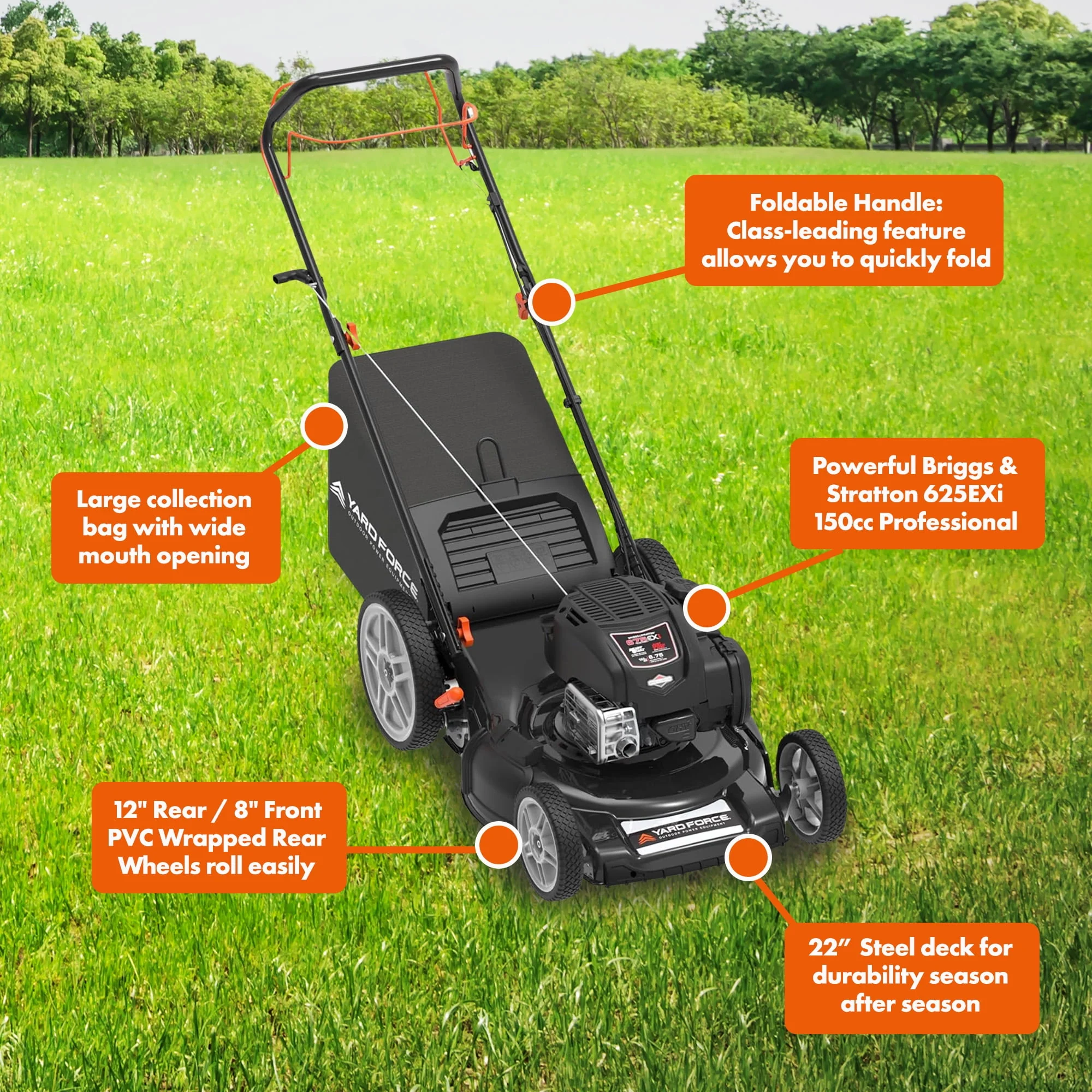 Yard Force Self Propelled Lawn Mower Briggs & Stratton 150cc Gas Engine 22-inch Steel Deck 3-in-1 mulch, bag, side discharge, 12-inch High Rear Wheels