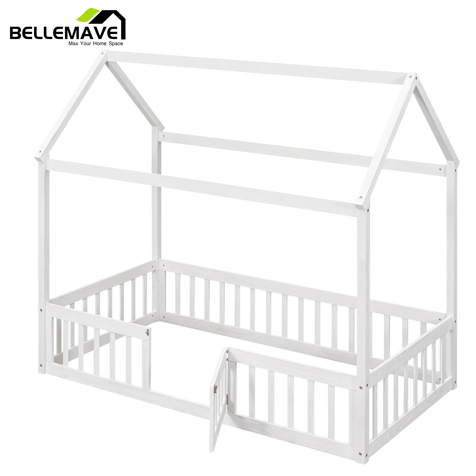 Montessori Bed/Twin House Floor Bed for Toddlers, Kids Girls, Boys,Montessori Floor Bed with Rails and Door,Toddler House Bed(White)