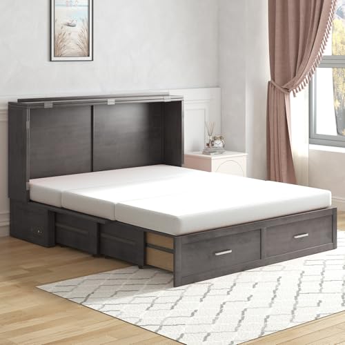 PUREMIND Queen Murphy Bed Cabinet with 2 Storage Drawers, Hideaway Murphy Chest Bed with Mattress, Cabinet Beds Wallbed with USB Charging Station for Bedroom, Guest Room