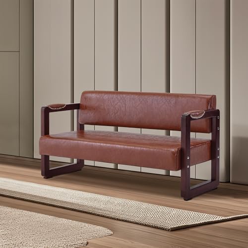BarberPub Waiting Room Chairs, Bench with Backrest, Modern Style Leather Bench with Rivets, Faux Leather Armed Bench, Upholstered Bench for Living Room Office W423 (Brown)