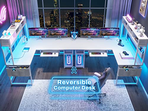 SEDETA L Shaped Gaming Desk, Reversible Computer Desk with Power Outlet and Pegboard, Gaming Desk with Led Lights, Keyboard Tray and Storage Bag for Home Office, Black