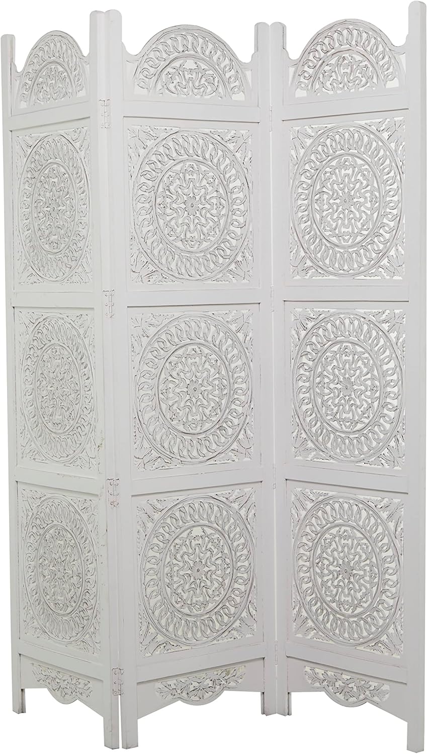 Deco 79 Wood Floral Handmade Partition Room Divider Screen Hinged Foldable Partition 3 Panel Privacy Screen with Intricately Carved Designs, Room Partition 60" x 1" x 72", White