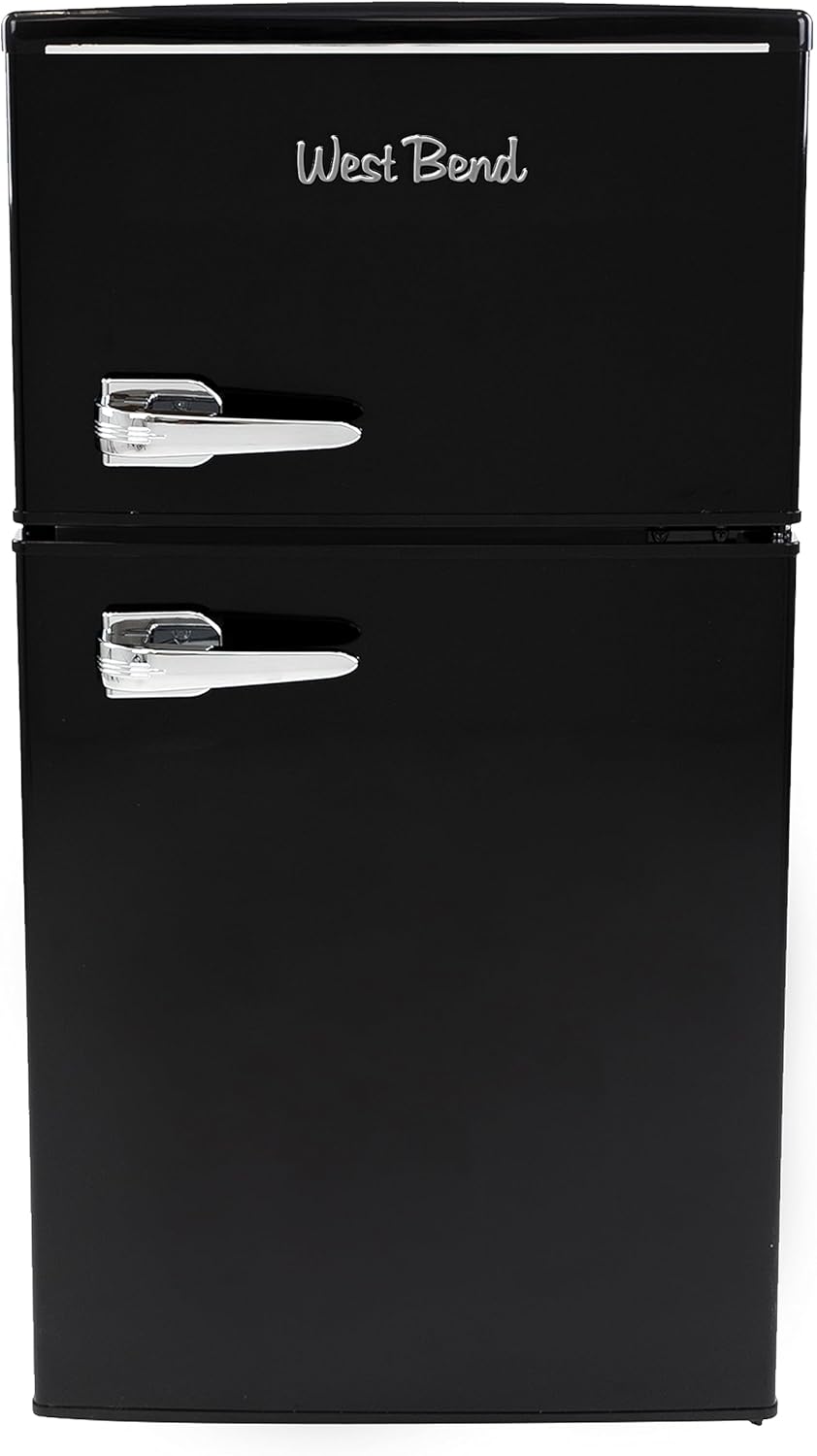 West Bend Mini Fridge with Freezer Retro-Styled for Home Office or Dorm, Manual Defrost and Adjustable Temperature, 3 Cu.Ft, Black