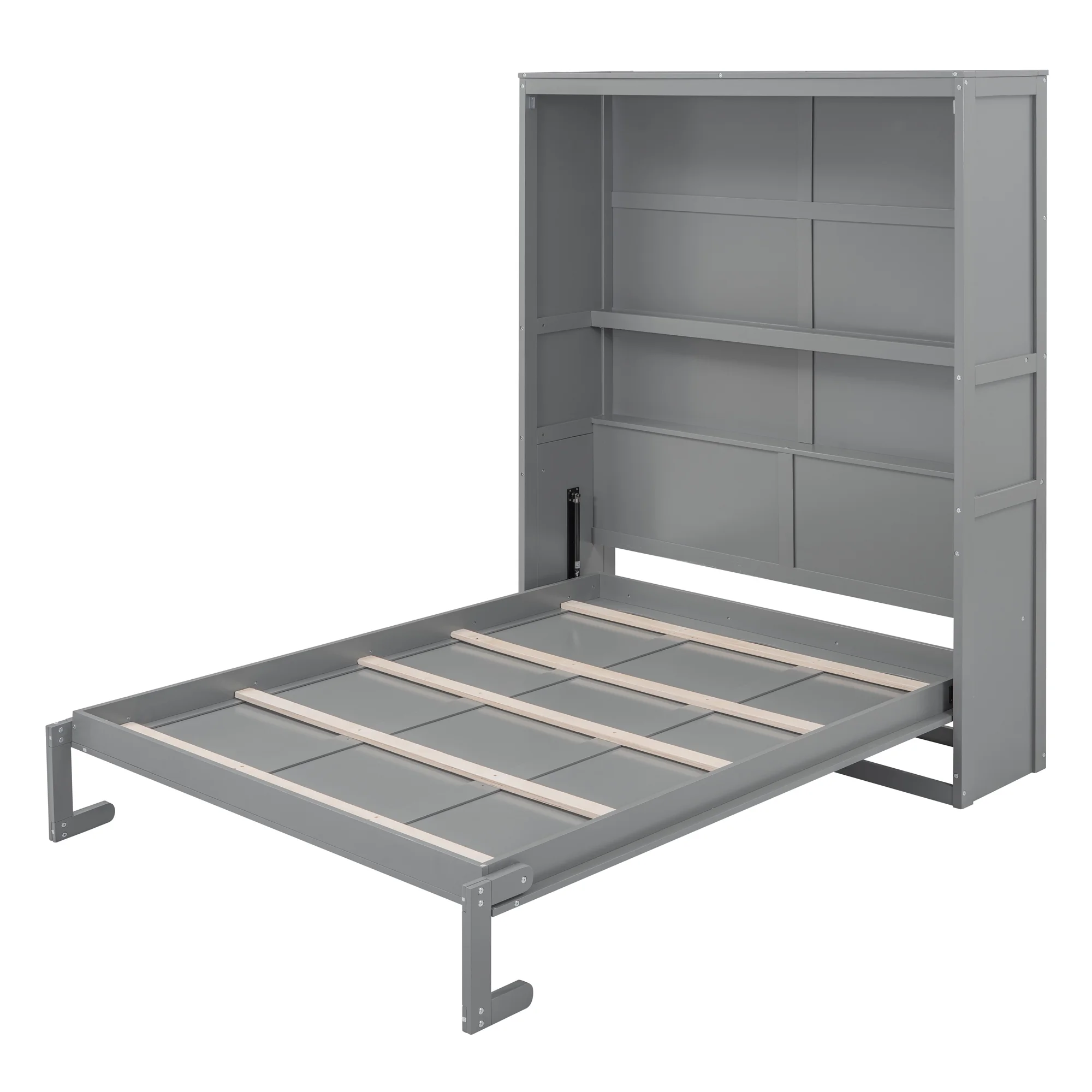Churanty Queen Size Murphy Bed with Shelves, Foldable Wall Bedframe w/Flexible Slats Support, Space-Saving Design, Can Be Folded Into Cabinet, Gray