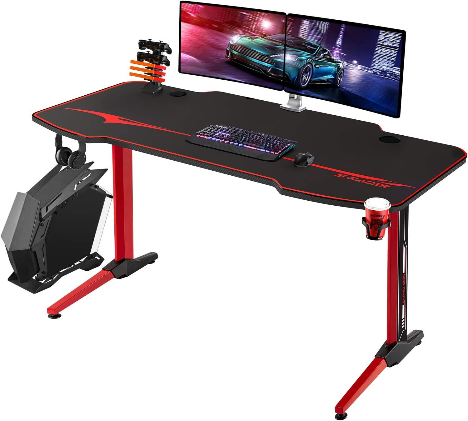 Homall Gaming Desk 55 Inch Computer Desk Racing Style Office Table Gamer Pc Workstation T Shaped Game Station with Free Mouse Pad, Gaming Handle Rack, Cup Holder and Headphone Hook (55 Inch, Black)