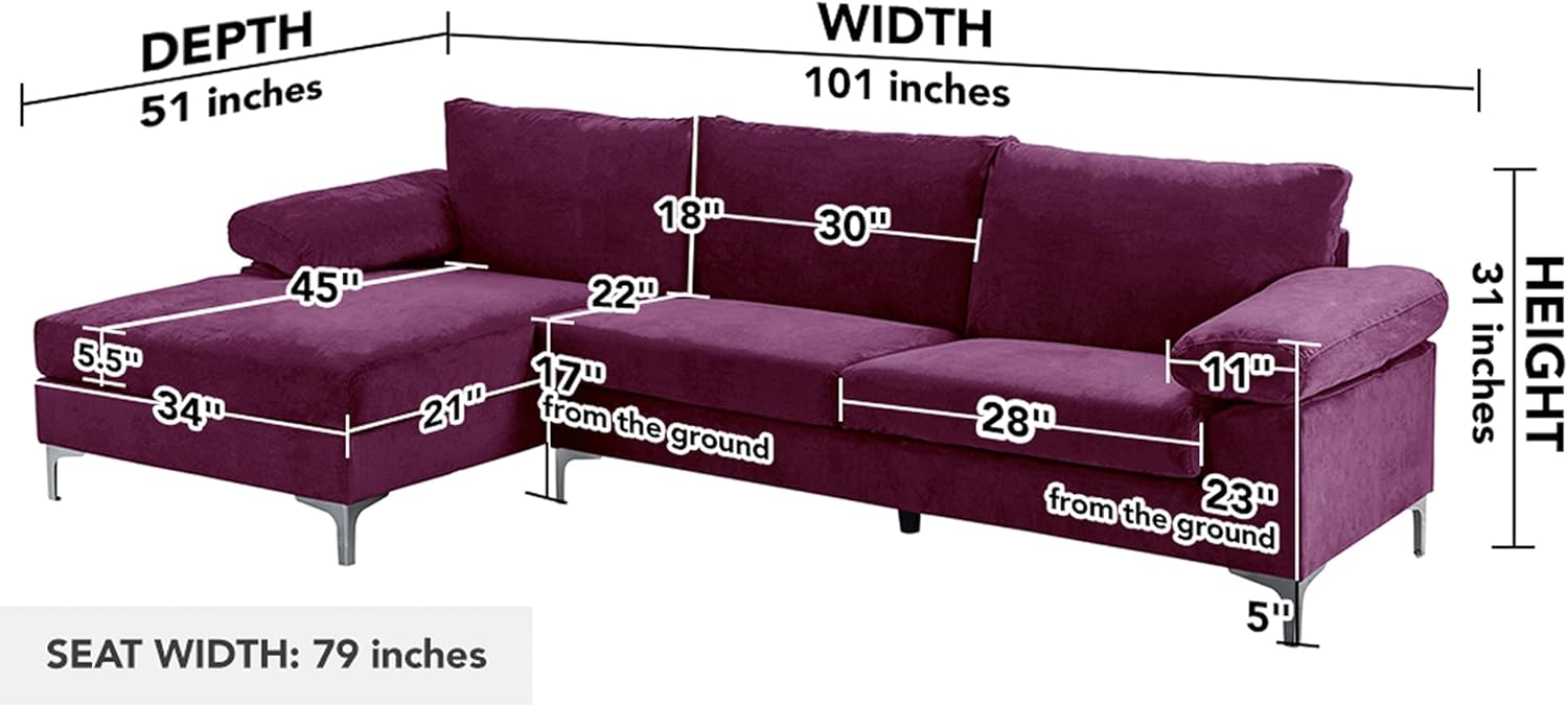 Casa Andrea Milano Modern Large Velvet L-Shape Sectional Sofa, with Extra Wide Chaise Lounge Couch, 51"D x 101"W x 31"Hc, Purple