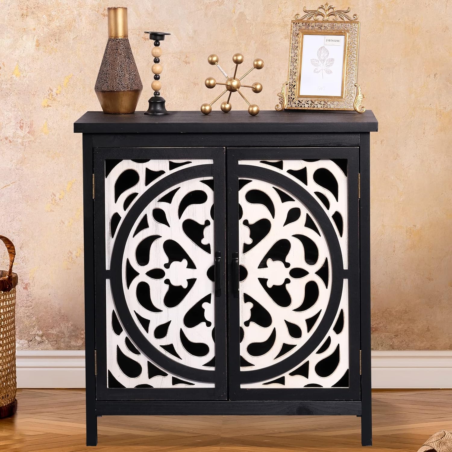 FairyHaus Accent Cabinet with Doors, Accent Cabinets for Living Room, Distressed Cabinet with Hollowed-Out Door, Wood Accent Storage Cabinet Black and White