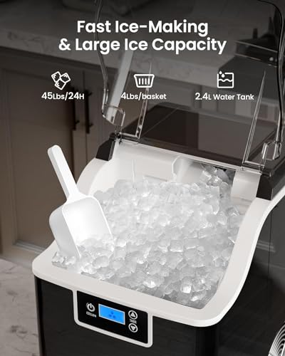 Kismile Nugget Ice Makers Countertop, 45lbs/Day Pebble Ice Maker Machine with 24-Hour Timer, Self-Cleaning Crushed ice Maker