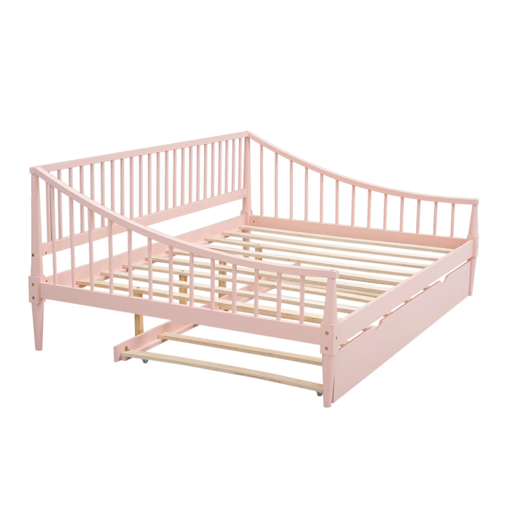 EUROCO Wood Full Size Daybed with Twin Trundle Bed for Kids Teens Adults, Solid Wood Bed Frame with Support Legs, Pink
