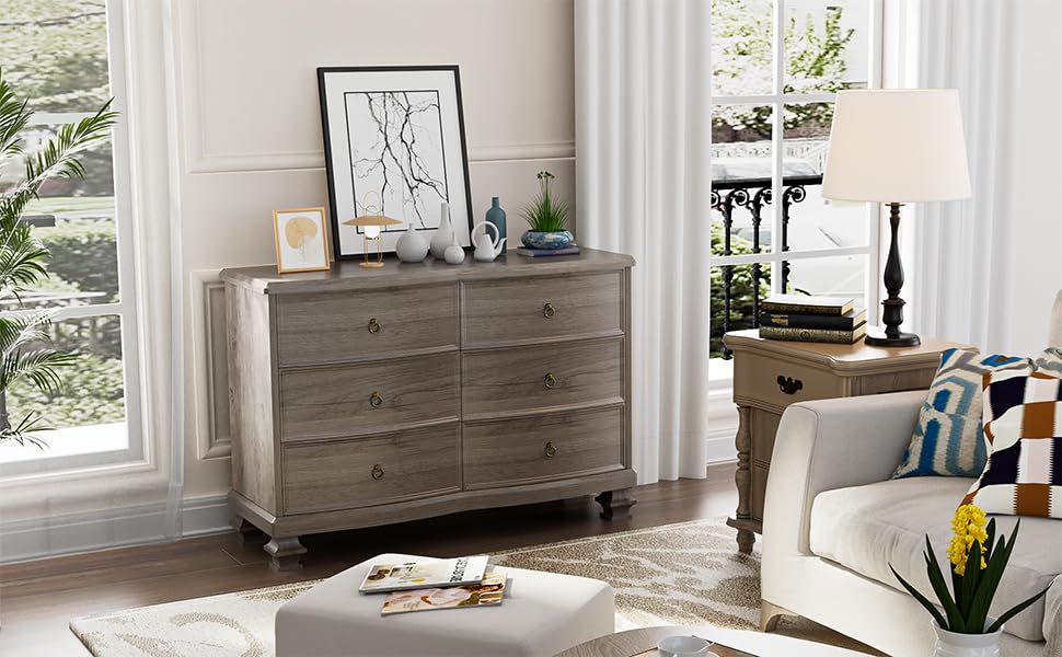 White 6 Drawer Wooden Dresser, Tall Dressers for Bedroom, Chest of Drawers Closet Organizers and Storage for Clothes - Easy Pull Handle, Textured Borders Drawers for Living Room, Hallway