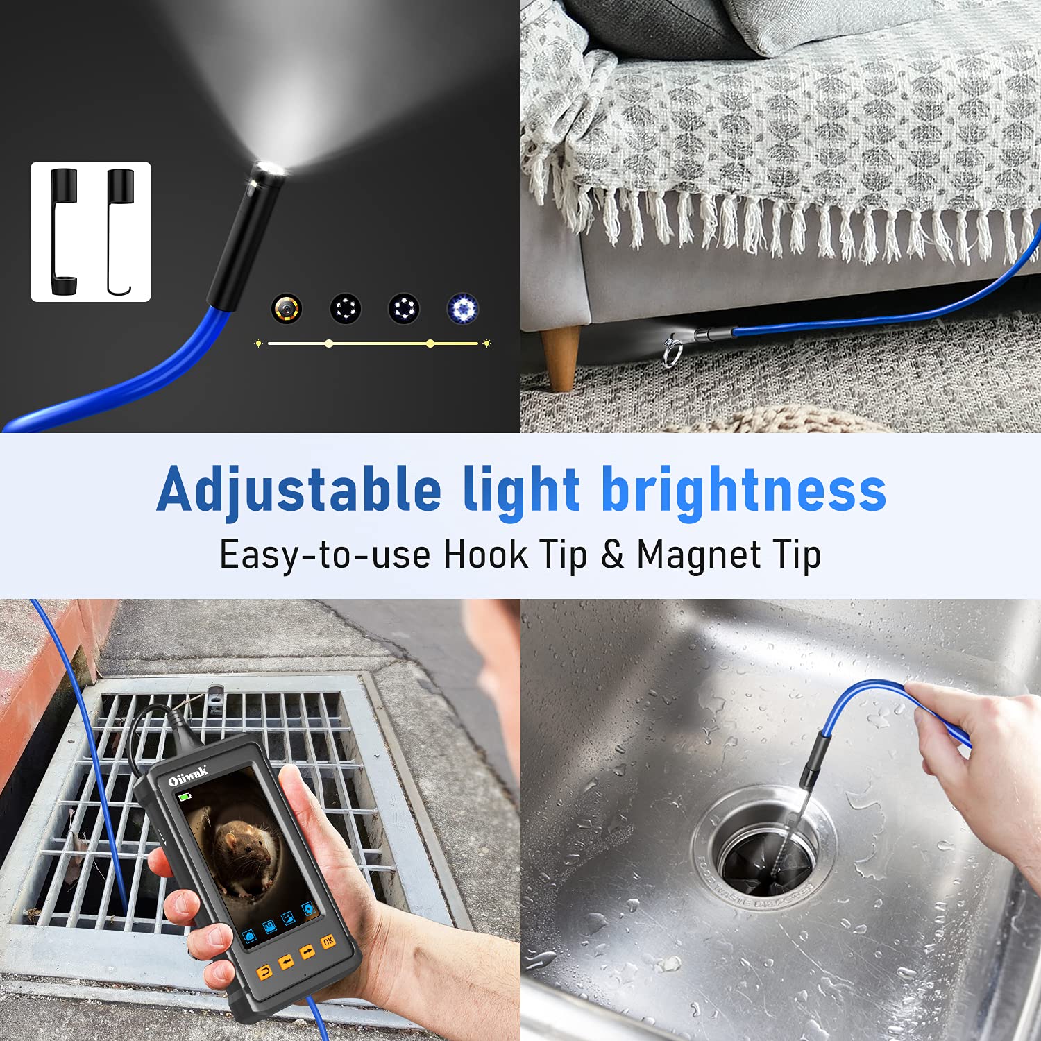 33FT Dual Lens Industrial Endoscope Camera Snake, Oiiwak 1080P Borescope Inspection Camera with 7 LED Lights 4.3 IPS Screen IP68 Waterproof Sewer Camera Probe for Air Duct Pipe Line Drain Plumbing