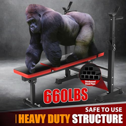 OPPSDECOR 6 in 1 660lbs Weight Bench Set with Squat Rack, Bench Press Set with Barbell Rack, Adjustable Incline Strength Training Workout Bench with Leg Developer Preacher Curl for Home Gym PXZXYX1