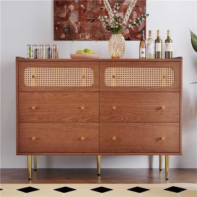 Dresser for Bedroom, Chest of Drawers, 6 Drawer Dresser, Floor Storage Drawer Cabinet for Home Office, Drawer Chest of Drawers Rattan Chest of Drawers Highboard with 6 Drawers (Natural Cherry)