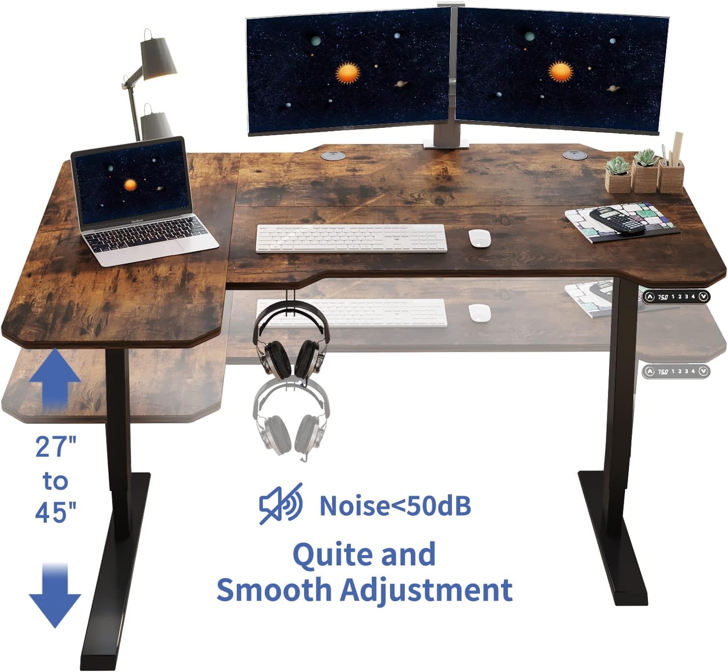 59'' L Shaped Electric Height Adjustable Standing Desk, Sit to Stand Home Office Computer Desk with Black Frame & Rustic Brown Top