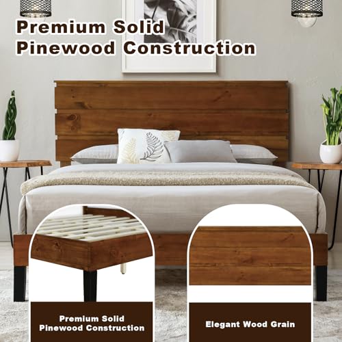 Mid-Century Modern Solid Wood Bed Frame Queen Size Platform Bed with Three-Piece Headboard Design, No Box Spring Needed, Brown