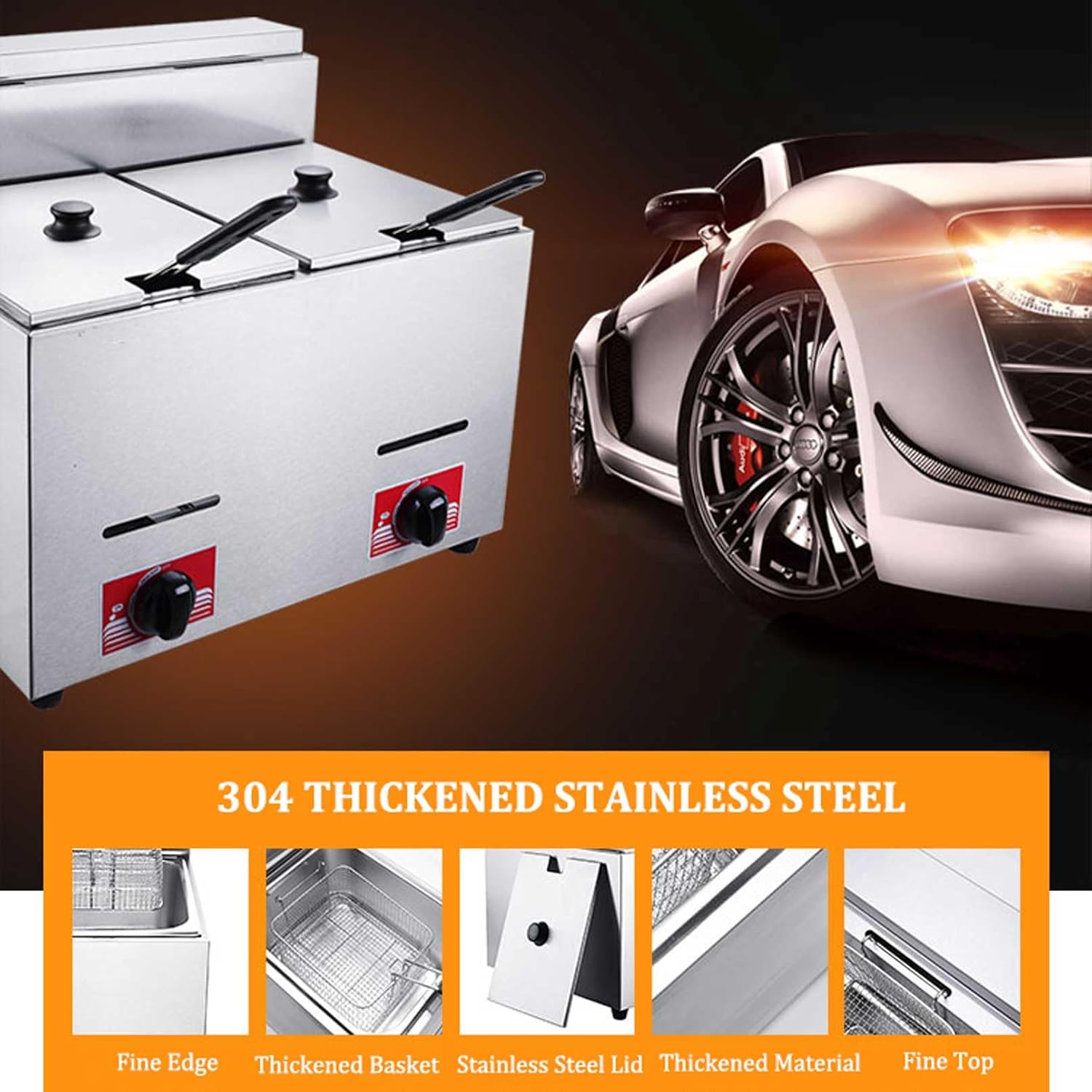 LPG Gas Deep Fryer with 6L*2 Basket and Lid Stainless Steel Countertop Propane-LPG Propane (LPG) W/Metal Tube Home Kitchen
