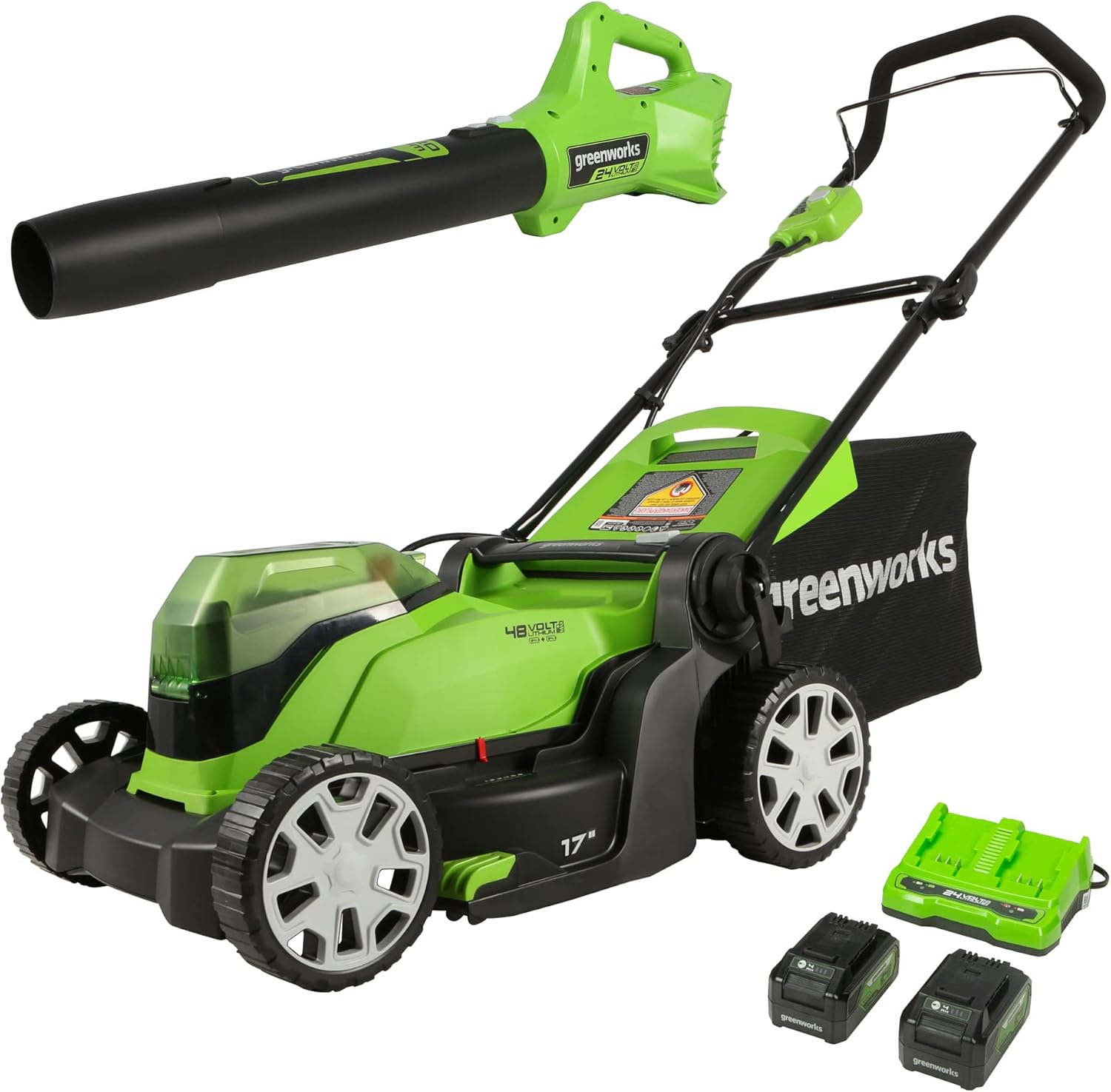 Greenworks 2 x 24V (48V) 17" Cordless Lawn Mower, (2) 4.0Ah USB Batteries (USB Hub) and Dual Port Rapid Charger Included