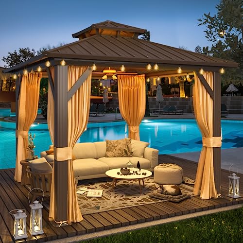 YOLENY 10' x 12' Hardtop Gazebo, Wood-Looking Gazebo with Galvanized Steel Double Roof, Aluminum Frame, Permanent Metal Pavilion with Netting and Curtains for Deck, Backyard, Patio and Lawns