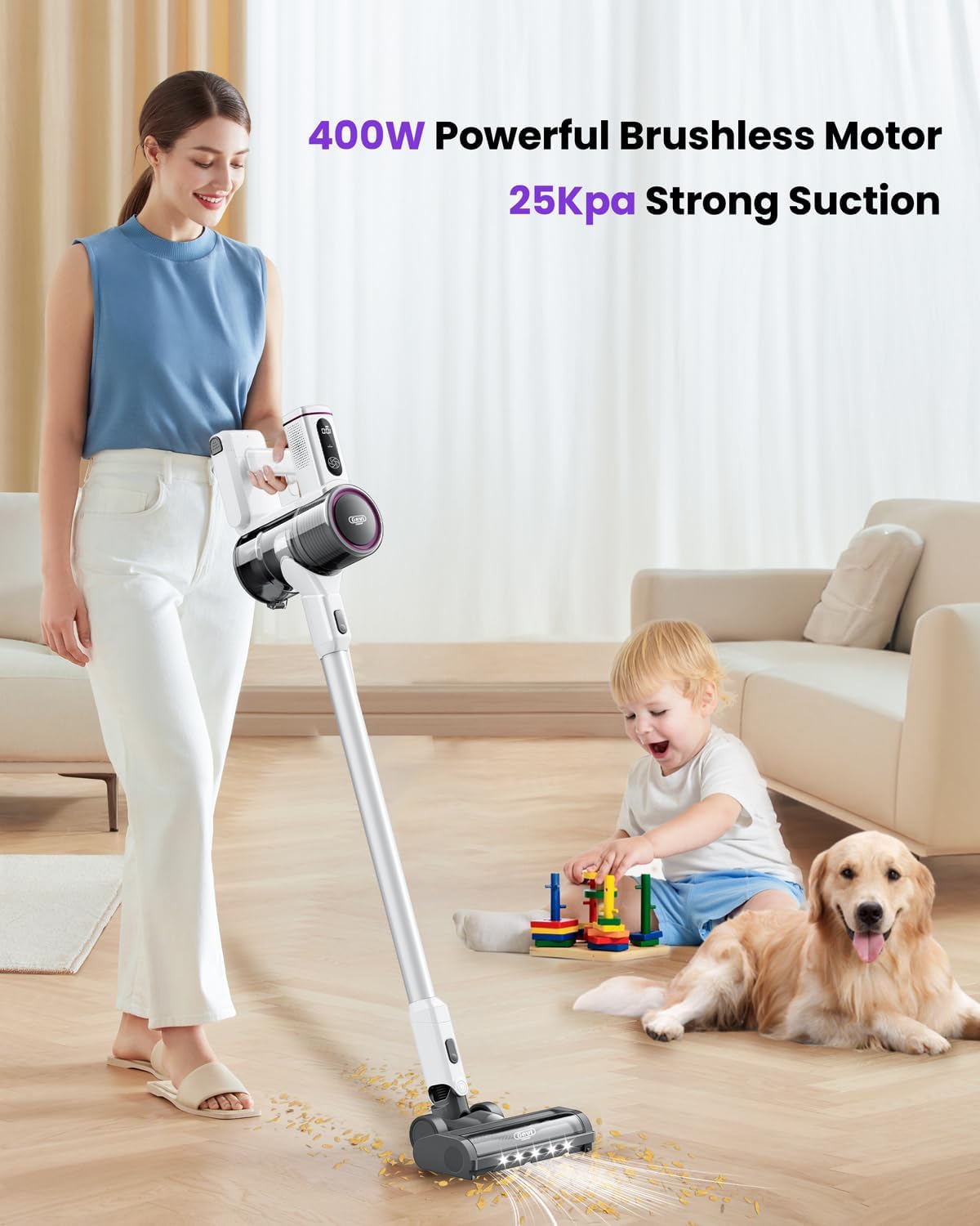 Cordless Vacuum Cleaner with 2 Detachable Batteries | Up to 90 Mins Lightweight Vacuum | 3 Suction Modes for Hard Floor Carpet