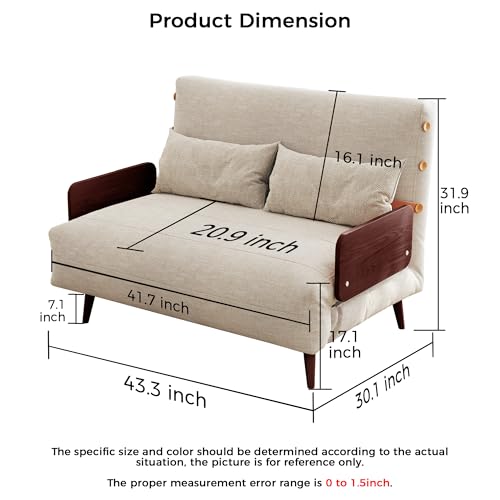 3-in-1 Convertible Chair Bed Sleeper for Adults, Linen Convertable Sleeper Chair with Wooden Arms & Pillows, Foldable Single Futon Sofa Bed (Mid Century with Walnut Arm, 36.6" Wide)