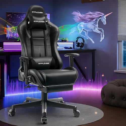 GTPLAYER Gaming Chair with Speakers, Music Gaming Recliner Chair for Adults and Kids, Height Adjustable Computer Game Reclining Chair with Footrest by GTRacing (Black)