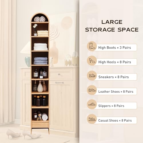 71" Tall Arched Bookshelf, 7 Tiers Arch Bookcase with Storage, Modern Farmhouse Book Shelf with Adjustable Shelves, Wood Bookshelf w/Open Display Shelves for Living Room, Office (Natural)