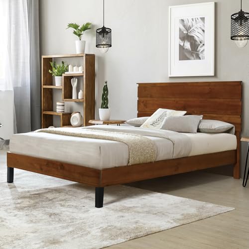 Mid-Century Modern Solid Wood Bed Frame Queen Size Platform Bed with Three-Piece Headboard Design, No Box Spring Needed, Brown