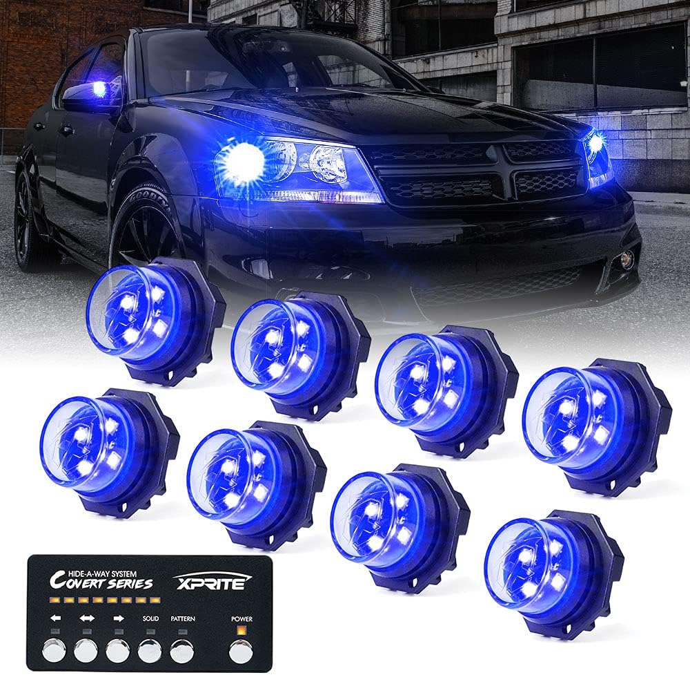Xprite White LED Hideaway Strobe Lights Kit w/ Controller, Grille Surface Mount Hazard Warning Safety Flashing Light for Emergency Pickup Trucks Construction Vehicle Rear Tail Light Headlights 8 PCS