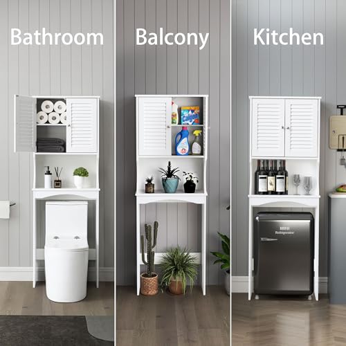 Over The Toilet Storage Cabinet, 3-Tier Freestanding Organizer, Bathroom Storage Cabinet Organize,Adjustable Shelves, Double Doors, Space-Saving for Bathroom, 23 * 67 inches, White