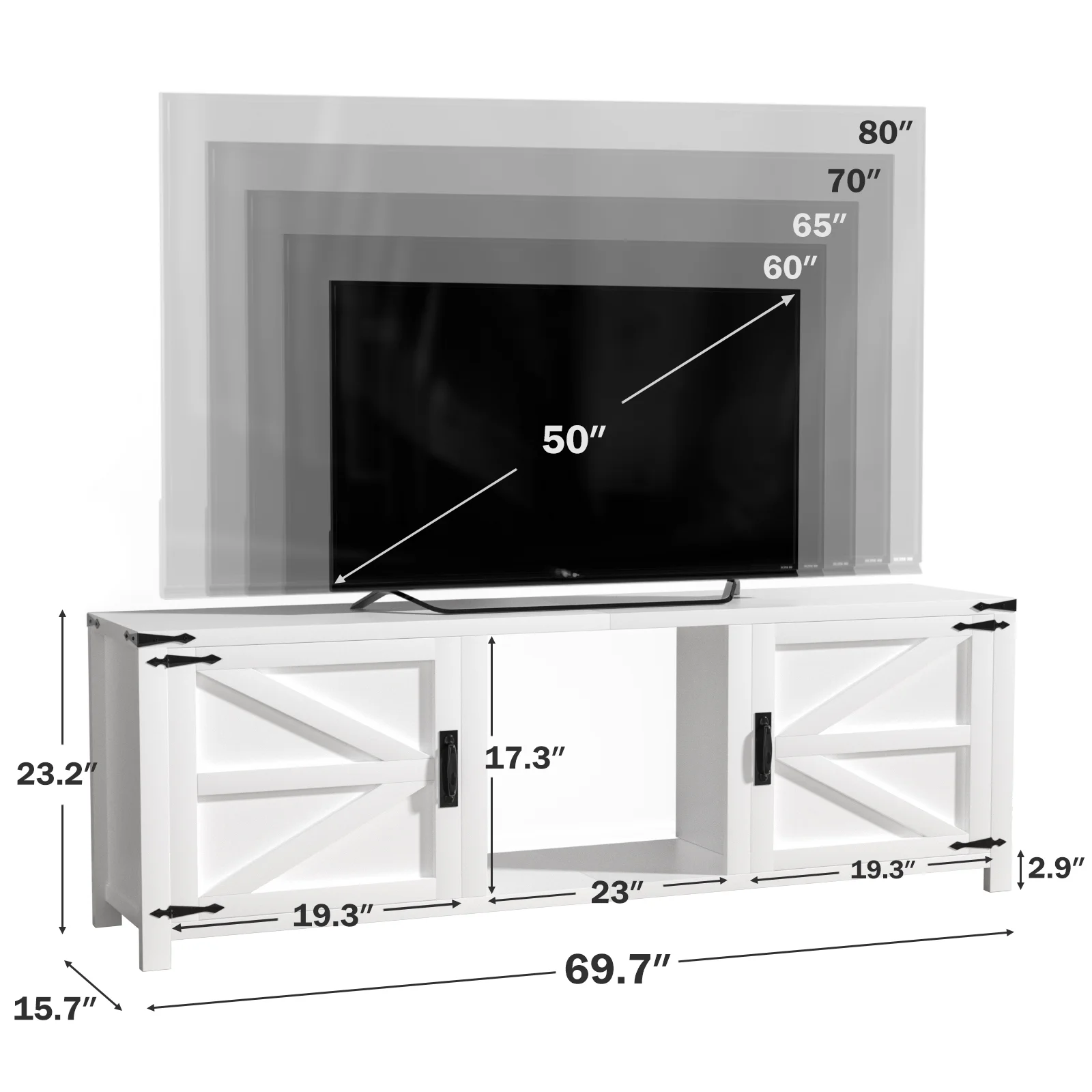 Oneinmil 70" Modern Farmhouse TV Stand for 80" TVs , with Barn Doors Storage Cabinets, TV Entertainment Center for Living Room, White