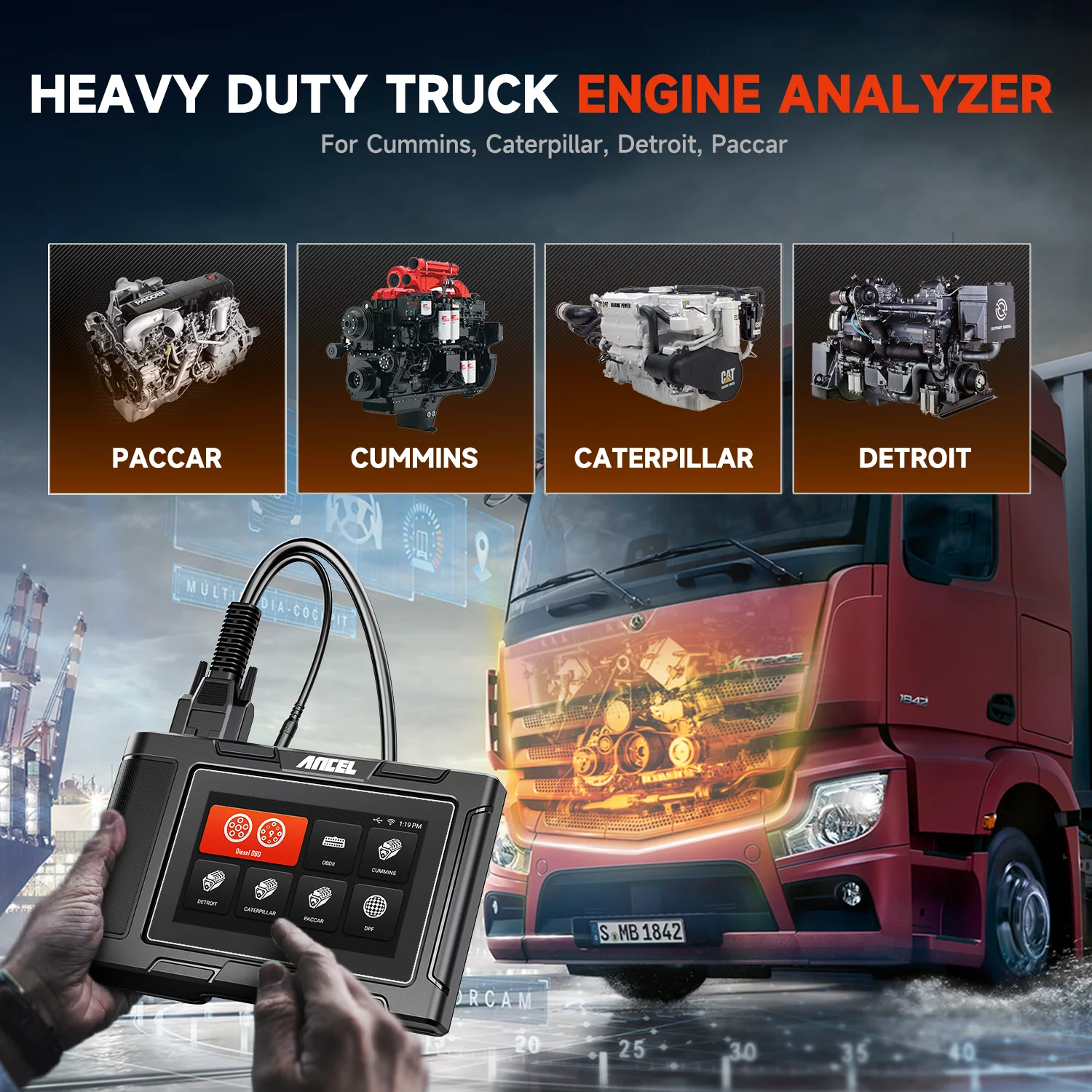 ANCEL HD3400 Diesel Truck Scanner Heavy Duty Truck Diagnostic Tool DPF Regen All Systems Scanner HD OBD Scanner Truck Code Reader for Cummins Engine,Freightliner,Peterbilt,Kenworth,Bobcat,Volvo,Mack