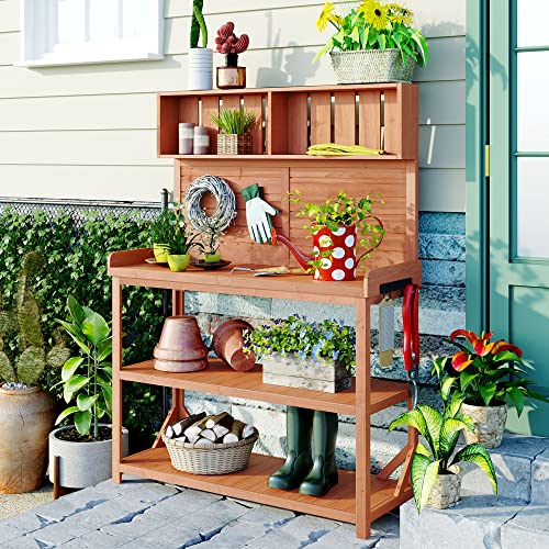 Outdoor Wooden Potting Bench Table – Farmhouse Garden Workstation with Drawers, Cabinet & Storage Shelves, Large Fir Wood Work Table for Patio, Backyard, Mudroom, Greenhouse (Light Brown, 66''H)