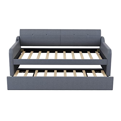 Harper & Bright Designs Twin Size Day Bed with Pop up Trundle Upholstered Day Beds with USB Charging, Wood Twin Bed Frame for Kids, Teens and Adults Trundle can be Flat or erected (Grey)