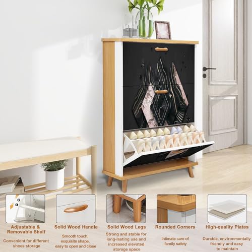 Shoe Cabinet with 3 Flip Drawers Pastel colors Luxury art Eastern style Golden swirl artistic Wooden Shoe Storage Cabinet Boho Freestanding Hidden Shoe Rack Slim Shoe Organizer for Entryway