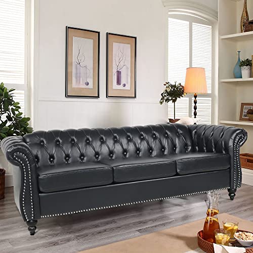 Chesterfield Sofa Leather, 84" Upholstered Tufted Couch 3 Seater with Rolled Arms and Nailhead for Living Room, Bedroom (Dark Brown)