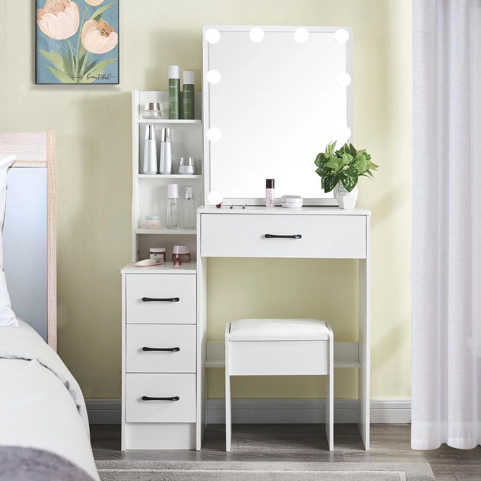 4 Drawers Makeup Vanity Desk with Power Outlet & Stool Mirror and 10 Bulbs Light