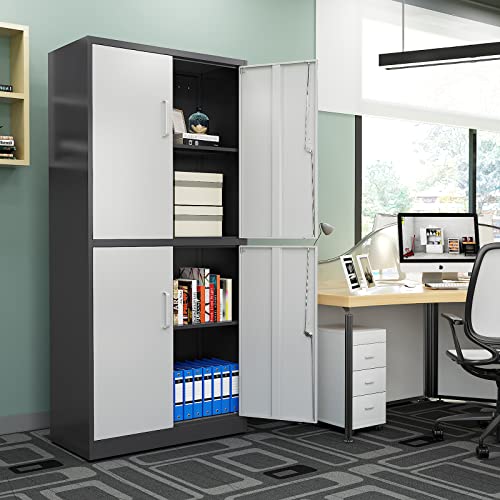 Metal Garage Cabinets, 72" Tall Locking Storage Cabinets with 2 Doors and 5 Adjustable Shelves, Steel Utility Tool Cabinet, Black Lockable Outdoor Storage Cabinet for Pantry, Garage, Home Office