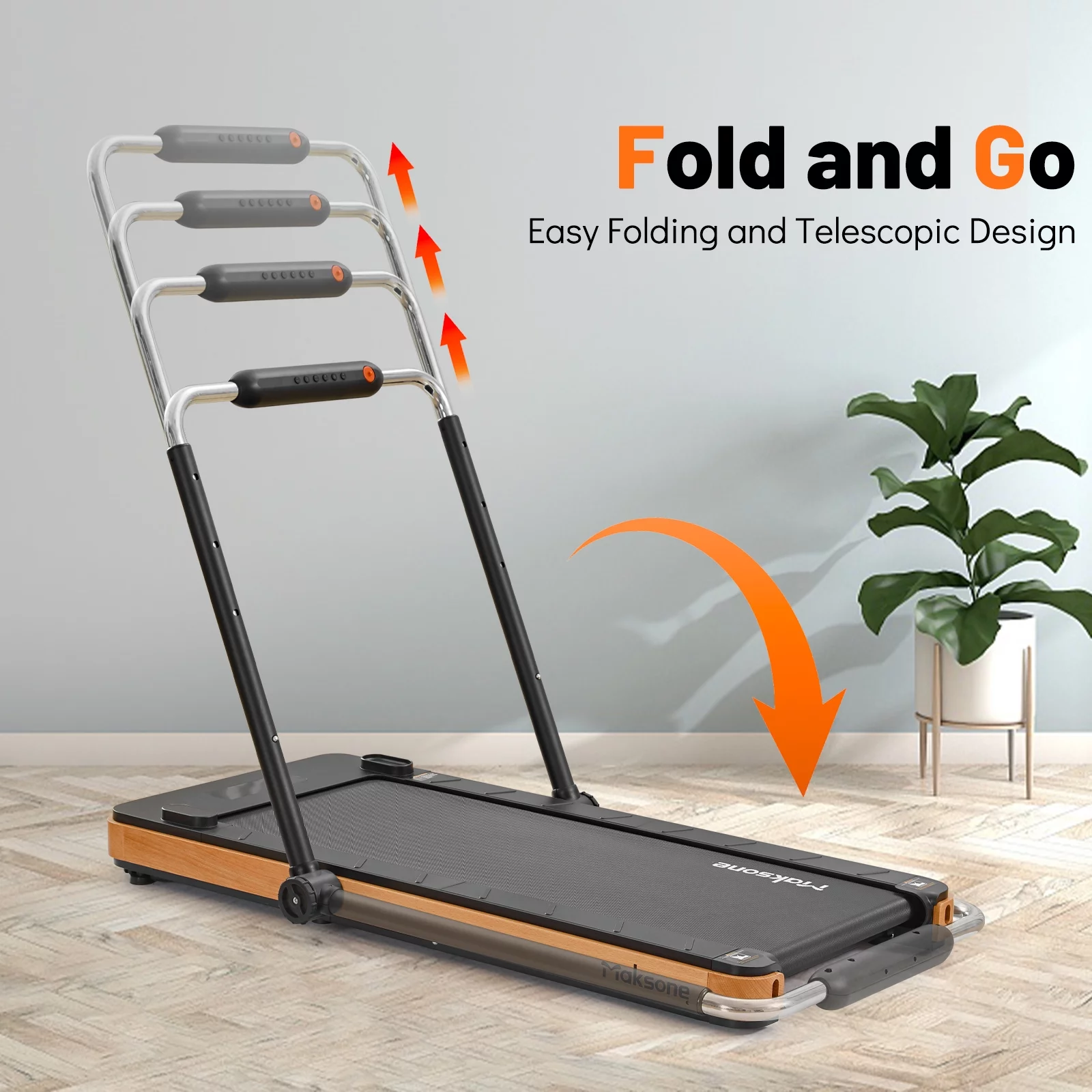 Maksone 3HP Folding Walking Pad, Wood Under Desk Treadmill with Adjustable Handlebar with Remote Control