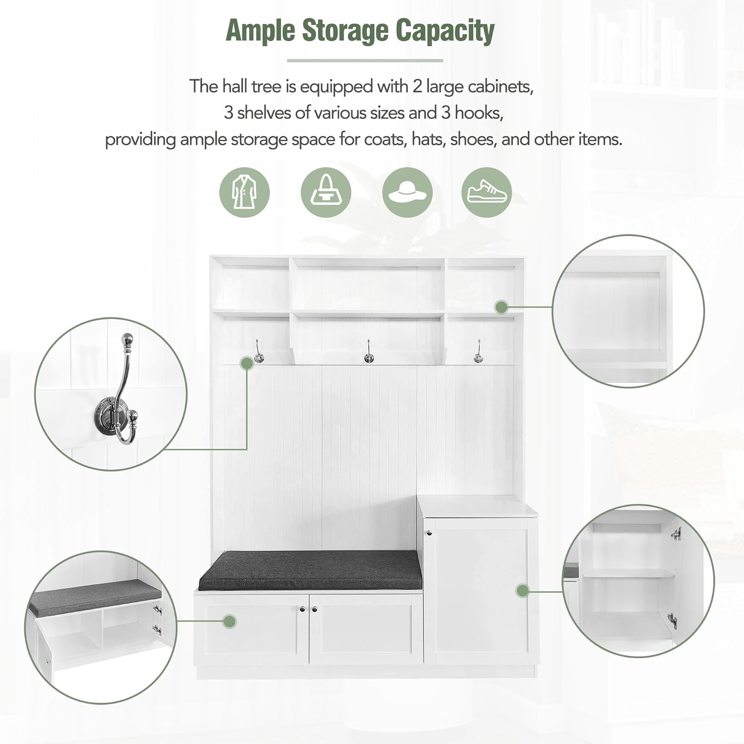 Entryway Hall Tree with Cushion Bench, Shoe Storage Cabinets, 3 Shelves and Hooks, 4-in-1 Elegant Design Coat Rack for Hallway, White
