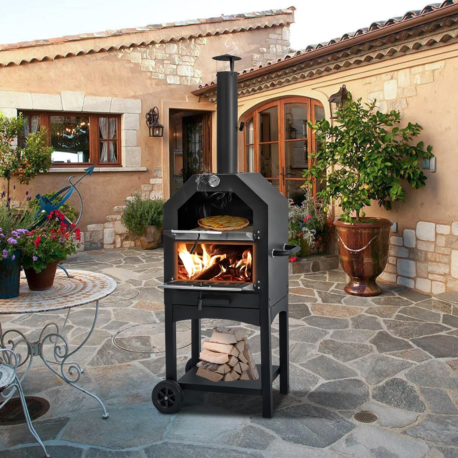 U-MAX Outdoor Pizza Oven Wood Fire with Waterproof Cover, Freestanding, Steel Pizza Grill, Pizza Maker Camping Cooker with Pizza Stone