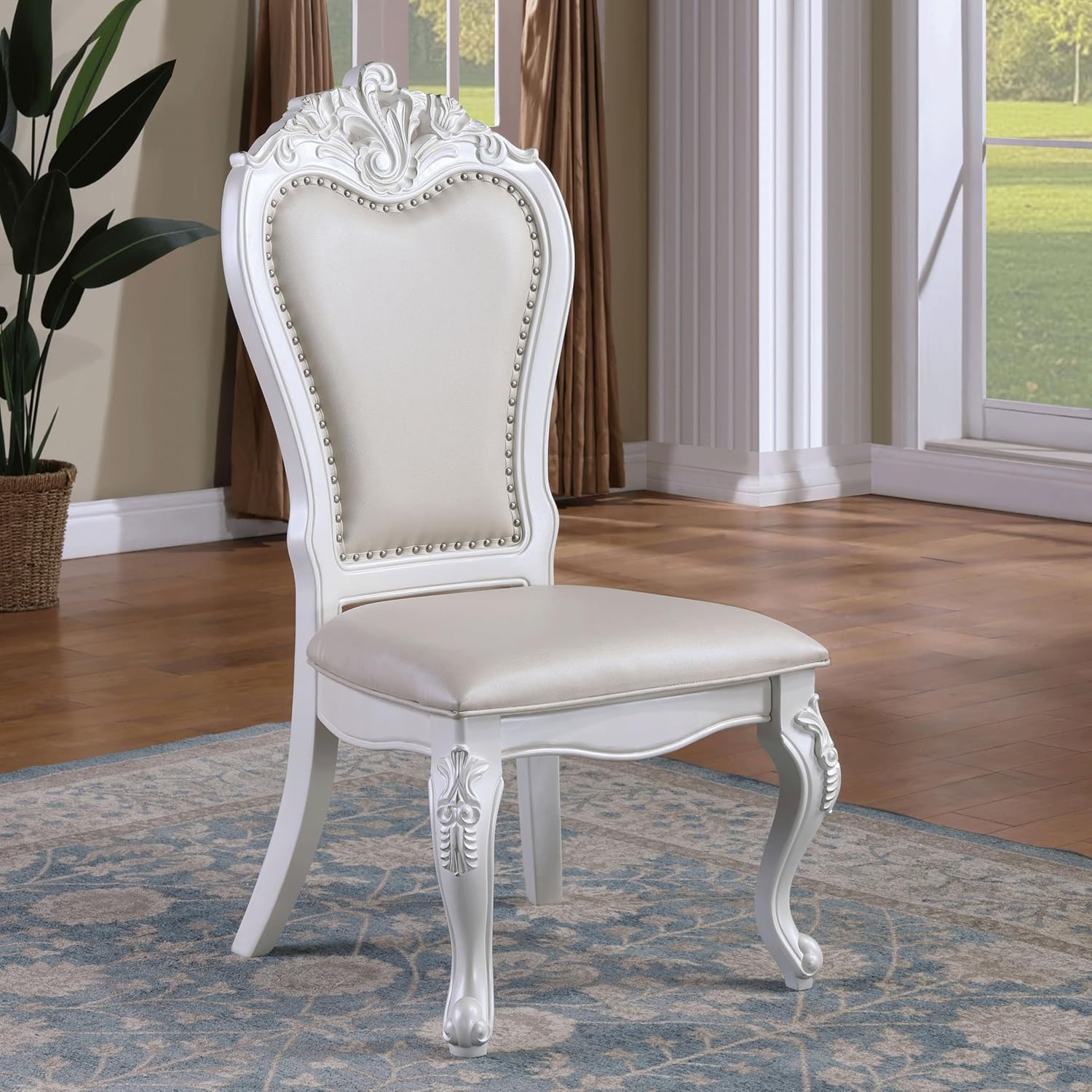 Furniture of America Adair Traditional Solid Wood 7-Piece Dining Set with Double Pedestal Expandable Table and 6 Leather Padded Side Chairs for Home, Kitchen, Living Room, White